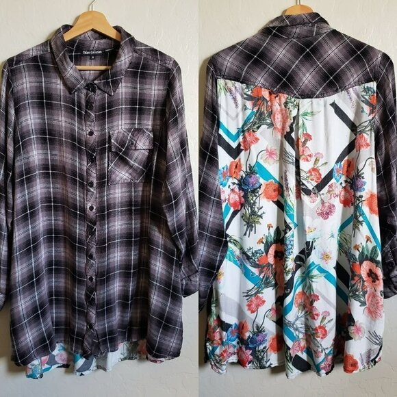Tolani Collection Plaid Tunic Top Floral Print Back Button Up Sz Women's 1X Plus - Picture 1 of 12